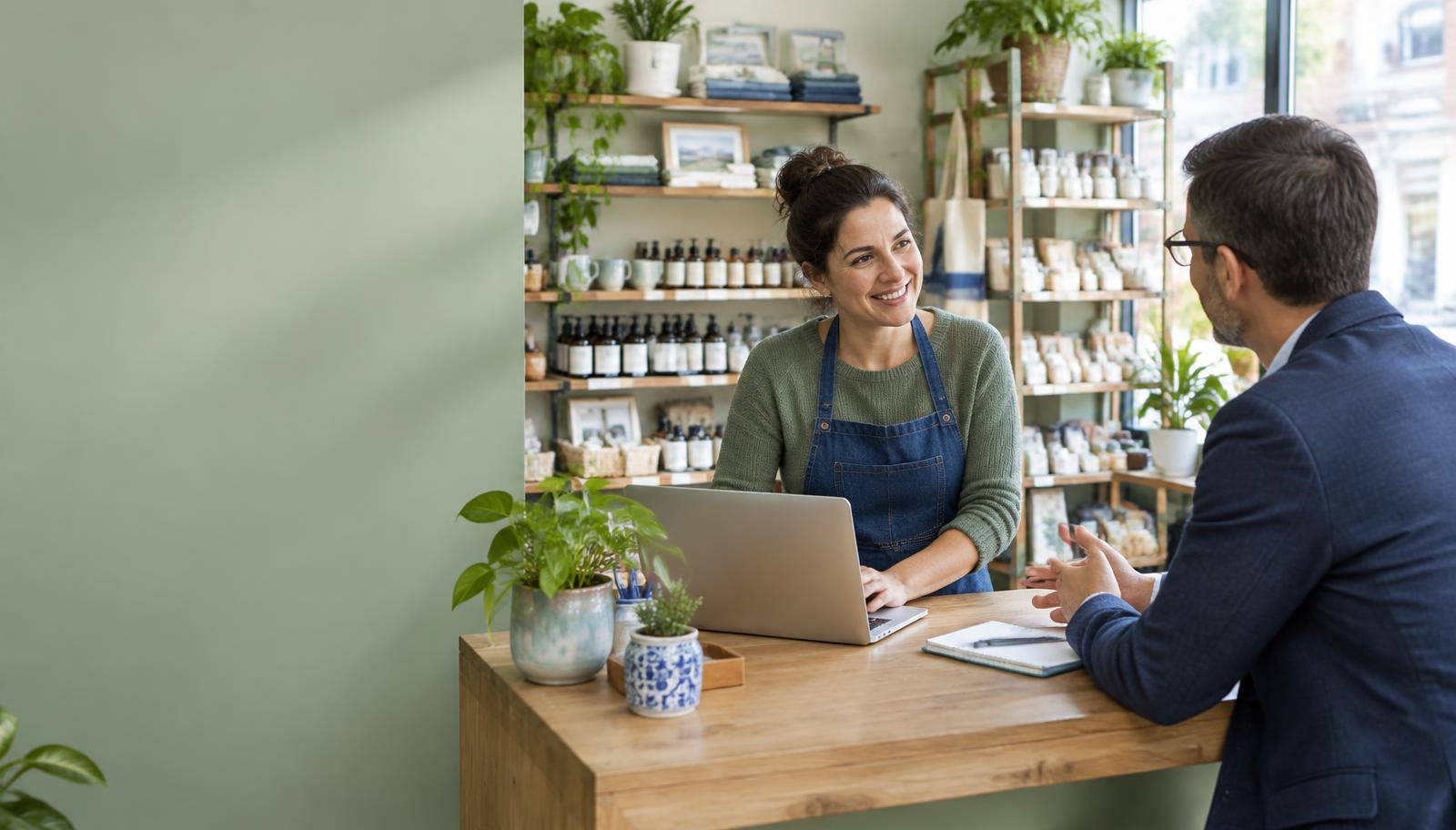Illustrative small-business owner discussing her shop with an adviser